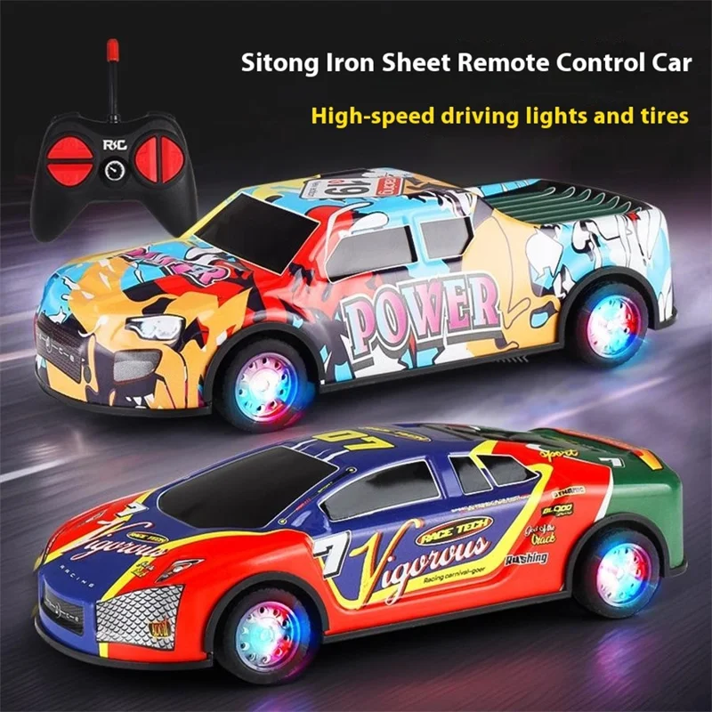 HDXX229 Electric RC Drift Race Car for Boys 4-Channel Graffiti Alloy Tin Light Vehicle Truck Remote Control Toy Car - Dark Blue Racing Car