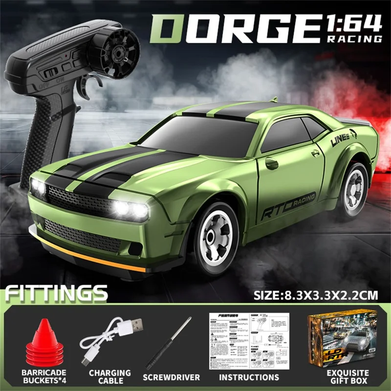 Mini RC Car 1:64 Scale Desktop Drift Car 4WD Remote Control High Speed Plastic Racing Toy - Green