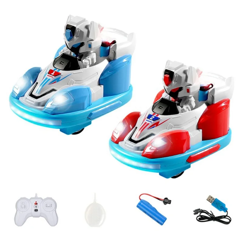 2Pcs Bumper Cars Robot Battle Set Kids Remote Control Kart Drift Spray Mist Ejection Toy with Light Sound - Blue+Red