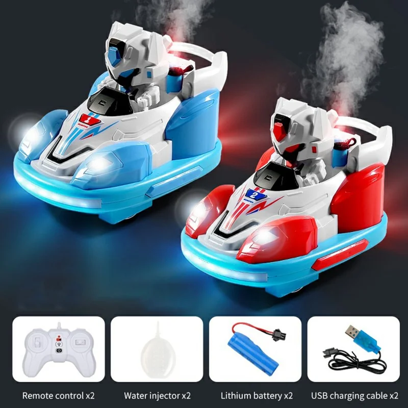2Pcs Bumper Cars Robot Battle Set Kids Remote Control Kart Drift Spray Mist Ejection Toy with Light Sound - Blue+Red