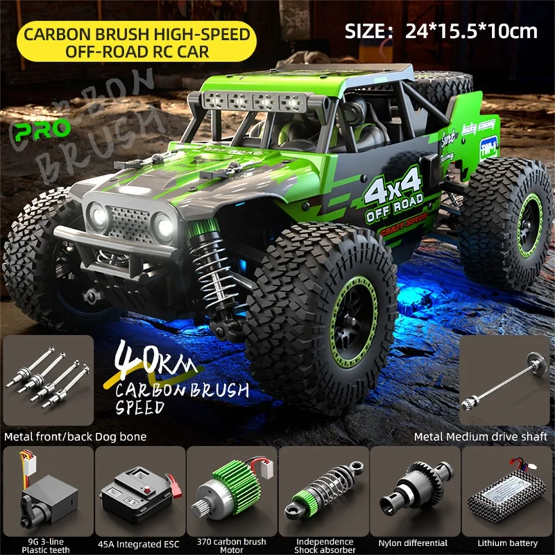 SG 202Pro 4WD LED Spotlight RC Car High-Speed Off-Road Rock Crawler Truck Toy, 2 Batteries - Green