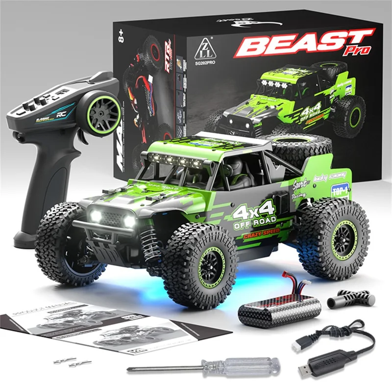SG 202Pro 4WD LED Spotlight RC Car High-Speed Off-Road Rock Crawler Truck Toy, 2 Batteries - Green