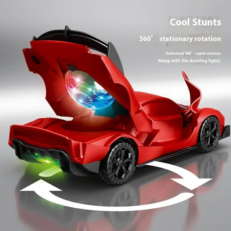 R07 Transforming Electric Race Car Kids Light Up 360 Degree Rotation Stunt Vehicle Boys Birthday Gift Toy - Red