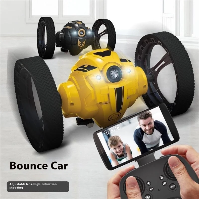 Stunt RC Car Remote Control 360 Degree Rotation Light Music Bounce Vehicle Toy with Camera - Yellow