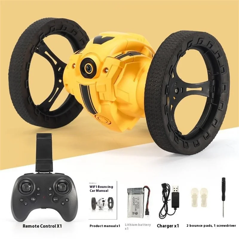 Stunt RC Car Remote Control 360 Degree Rotation Light Music Bounce Vehicle Toy with Camera - Yellow