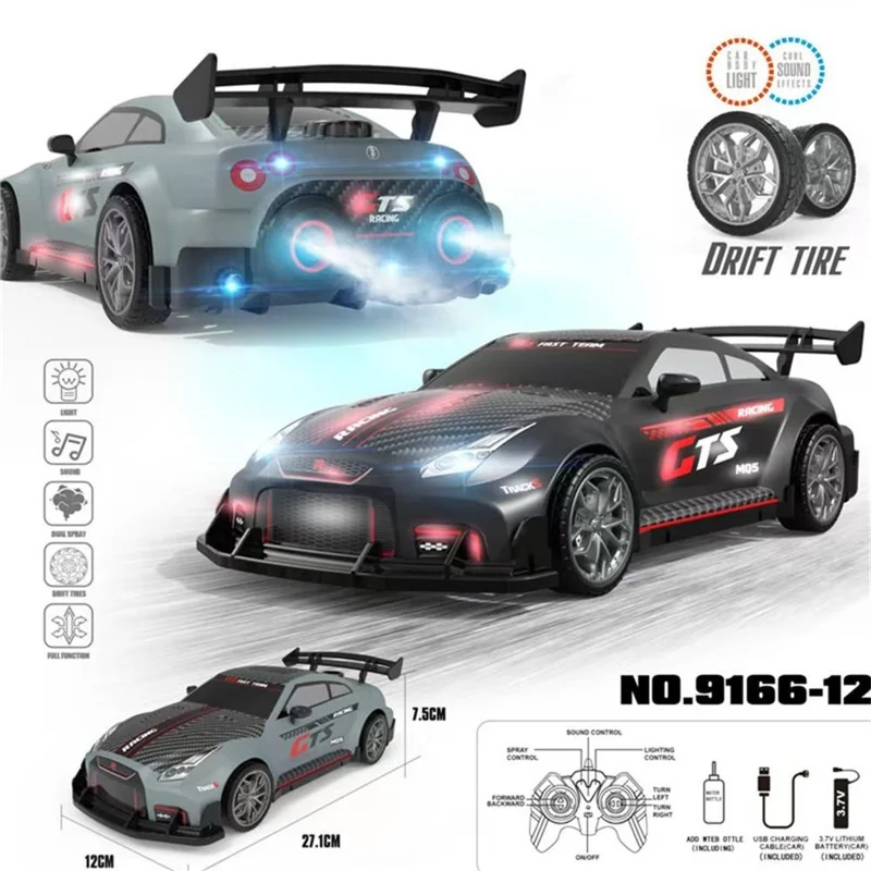 9166-12 2.4G RC Drift Car with Spray Effect High Speed Racing Vehicle Toy with Lights / Sound Effects - Black