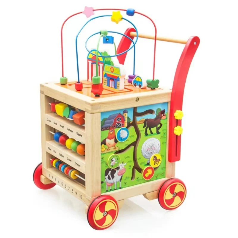 Educational Learning Four Sides Maze Bead Toy Gift for Toddlers Wooden Baby Push Walker