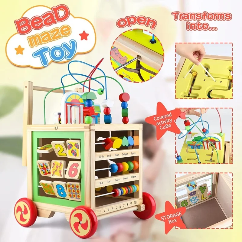 Educational Learning Four Sides Maze Bead Toy Gift for Toddlers Wooden Baby Push Walker