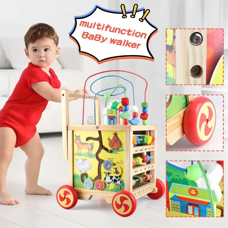 Educational Learning Four Sides Maze Bead Toy Gift for Toddlers Wooden Baby Push Walker