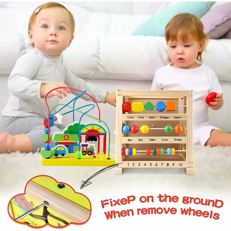 Educational Learning Four Sides Maze Bead Toy Gift for Toddlers Wooden Baby Push Walker