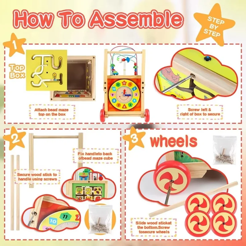 Educational Learning Four Sides Maze Bead Toy Gift for Toddlers Wooden Baby Push Walker