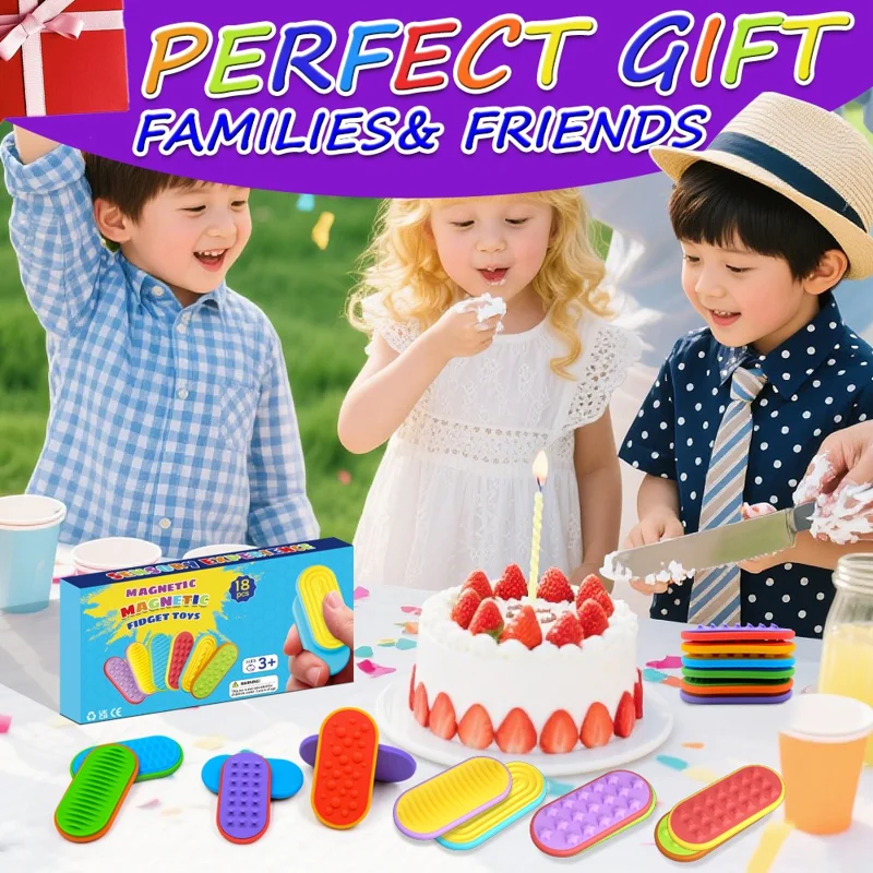 Jouet magnétique sensoriel 18 pièces / lot, coulisseau magnétique en silicone pour l'autisme, jouet de soulagement de l'anxiété et du stress