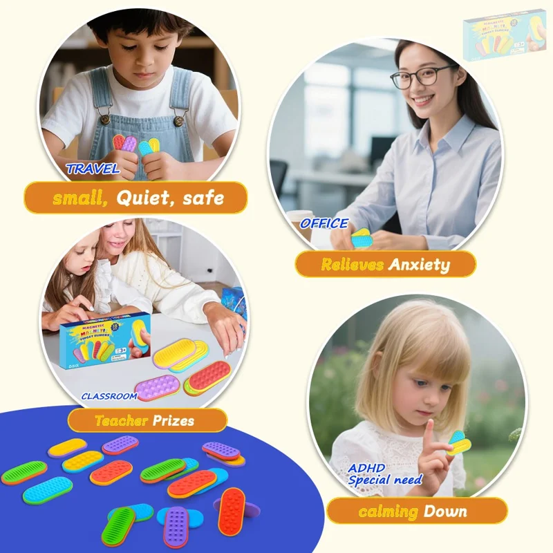 Jouet magnétique sensoriel 18 pièces / lot, coulisseau magnétique en silicone pour l'autisme, jouet de soulagement de l'anxiété et du stress