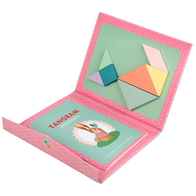 YF-010 Children Educational Magnetic Tangram Puzzle Board 7 PCS Wooden Brain Teaser Learning Toy - Pink