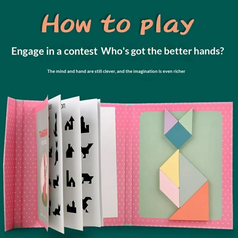 YF-010 Children Educational Magnetic Tangram Puzzle Board 7 PCS Wooden Brain Teaser Learning Toy - Pink