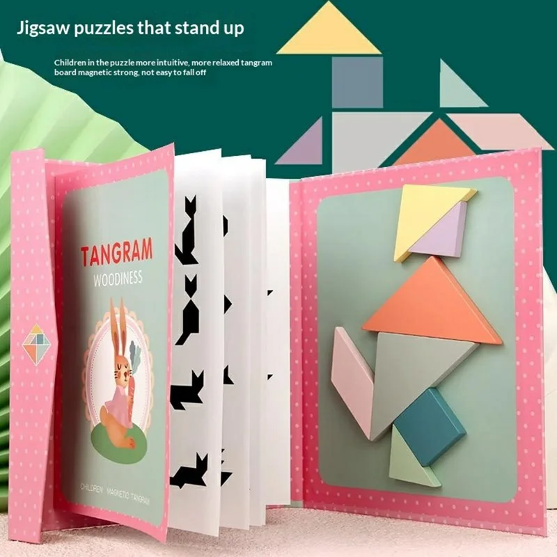 YF-010 Children Educational Magnetic Tangram Puzzle Board 7 PCS Wooden Brain Teaser Learning Toy - Pink