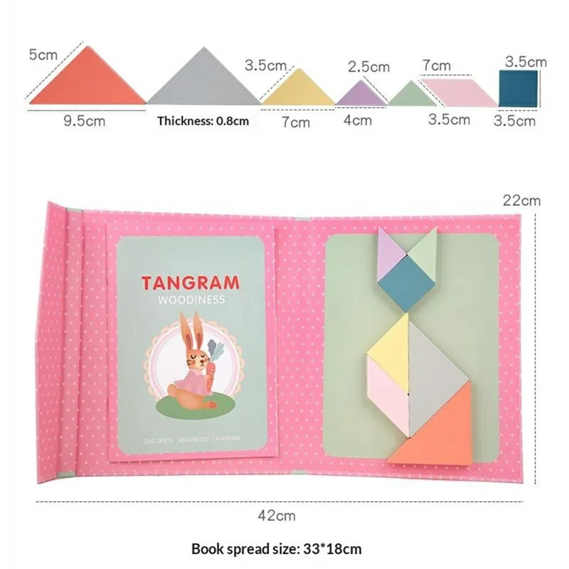 YF-010 Children Educational Magnetic Tangram Puzzle Board 7 PCS Wooden Brain Teaser Learning Toy - Pink
