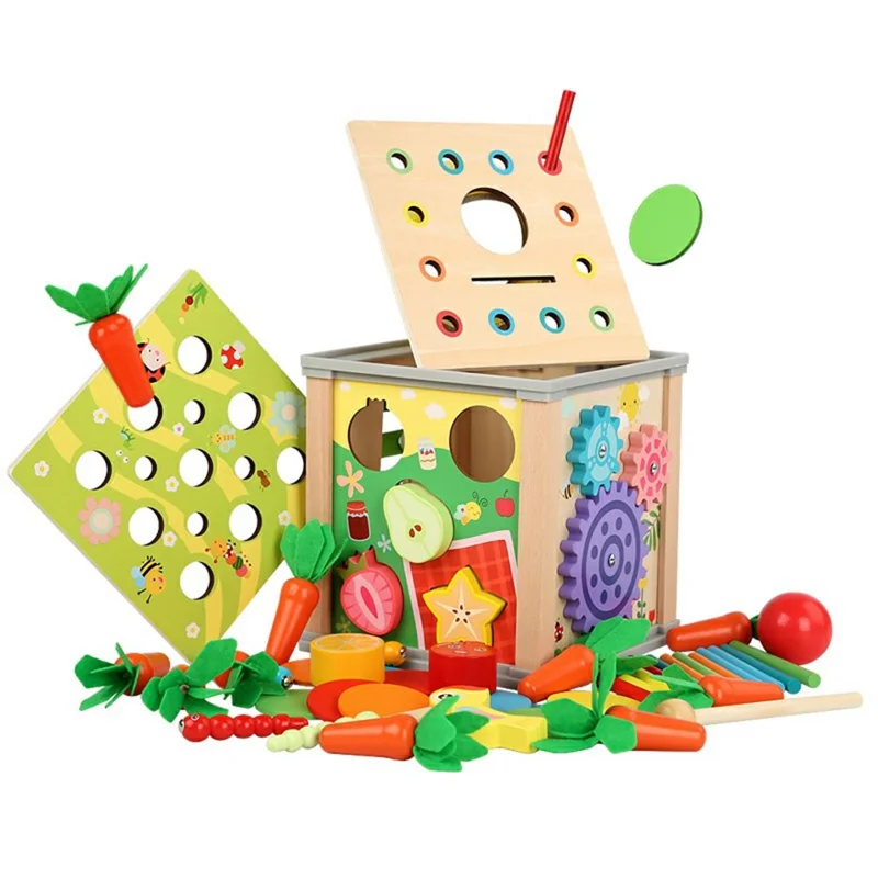 Jouet éducatif en bois multifonction 9 en 1 MWDH-021 pour enfants, cube d'activités avec extraction de carottes et capture d'insectes