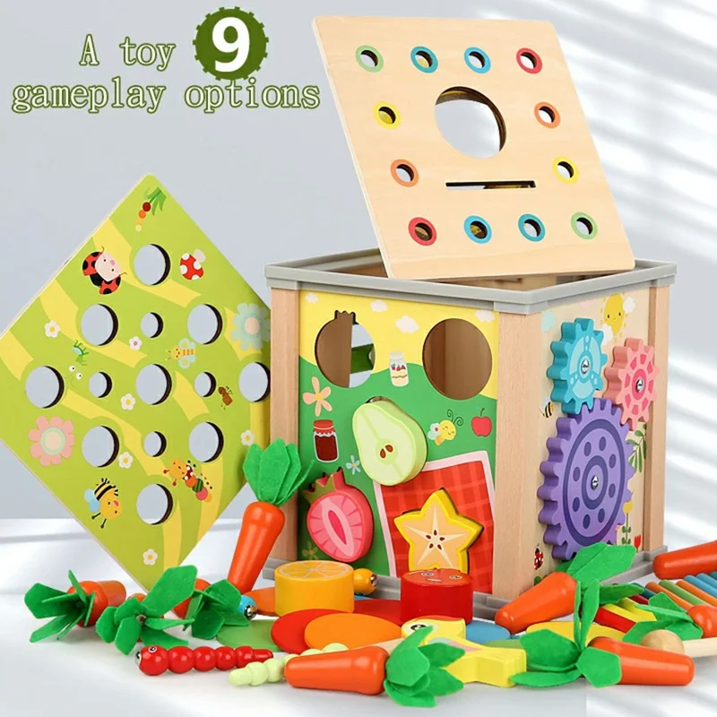 Jouet éducatif en bois multifonction 9 en 1 MWDH-021 pour enfants, cube d'activités avec extraction de carottes et capture d'insectes