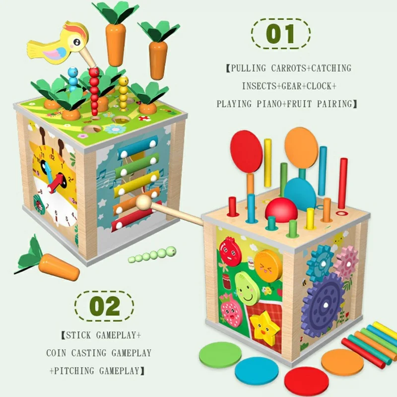 Jouet éducatif en bois multifonction 9 en 1 MWDH-021 pour enfants, cube d'activités avec extraction de carottes et capture d'insectes