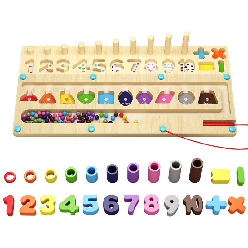 MWDH-010 Multifunctional Wooden Magnetic Counting Ball Toy Color Sorting Number Learning Pen Grip Training Educational Toy for Kids