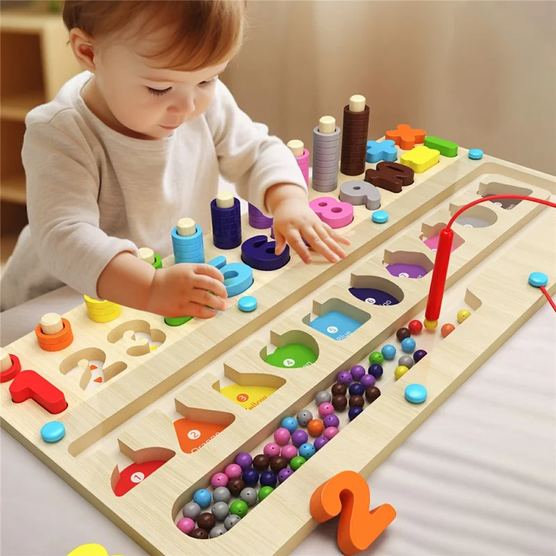 MWDH-010 Multifunctional Wooden Magnetic Counting Ball Toy Color Sorting Number Learning Pen Grip Training Educational Toy for Kids
