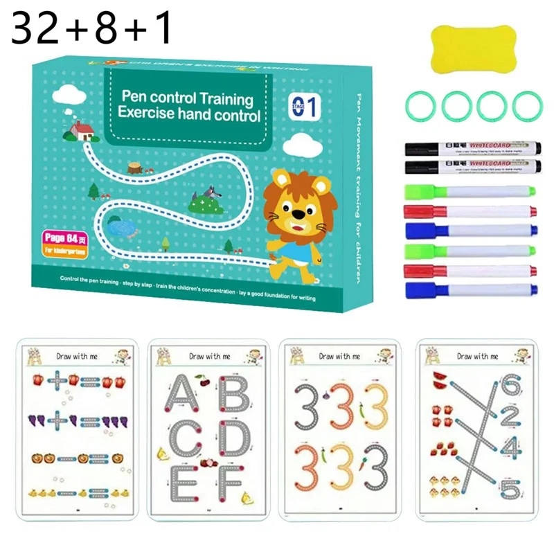 64-seitiges Kinder-Malübungsheft mit 8 Stiften und Radiergummi, Übungsset zur Stiftkontrolle für Kinder