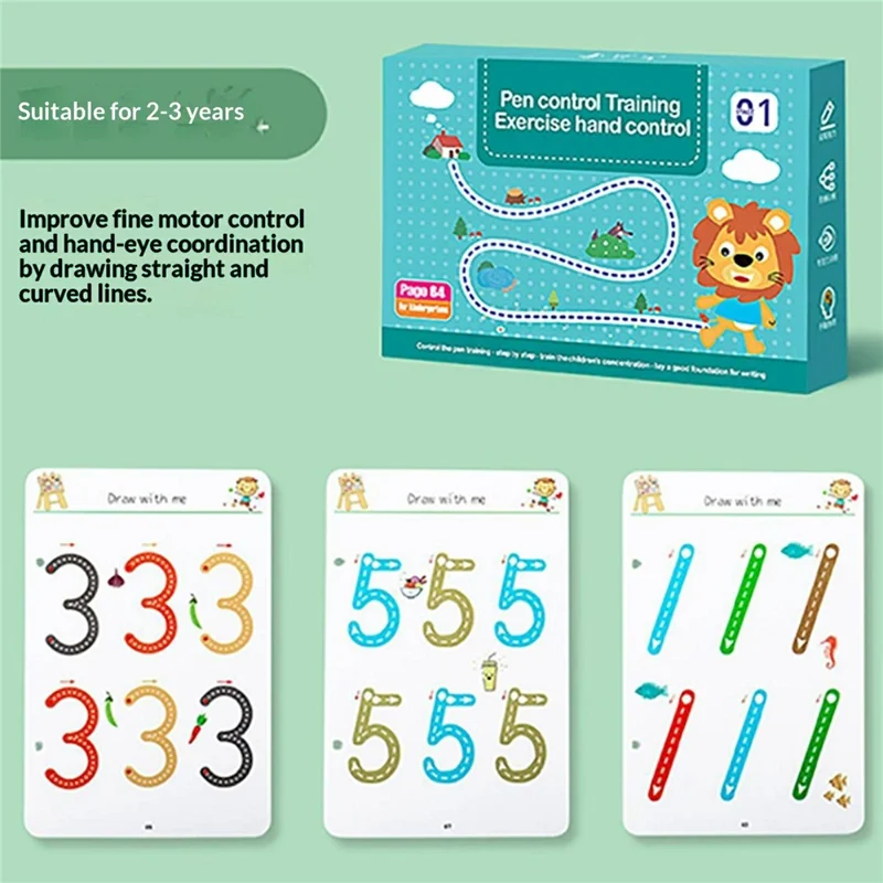 64-seitiges Kinder-Malübungsheft mit 8 Stiften und Radiergummi, Übungsset zur Stiftkontrolle für Kinder