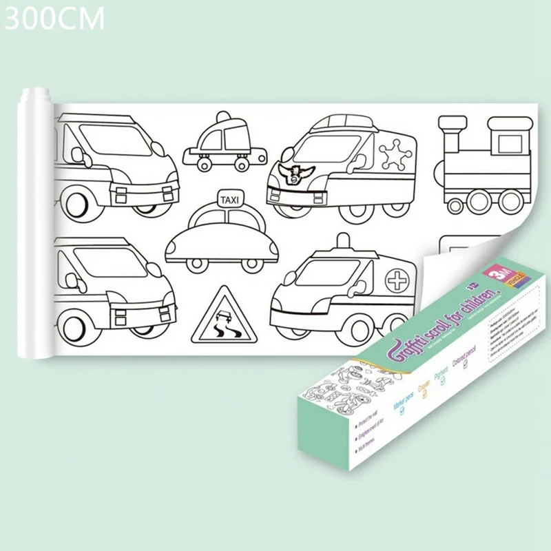 300cm Drawing Paper Roll for Kids Graffiti Scroll Waterproof Children Coloring Paper Art Supplies - Vehicles