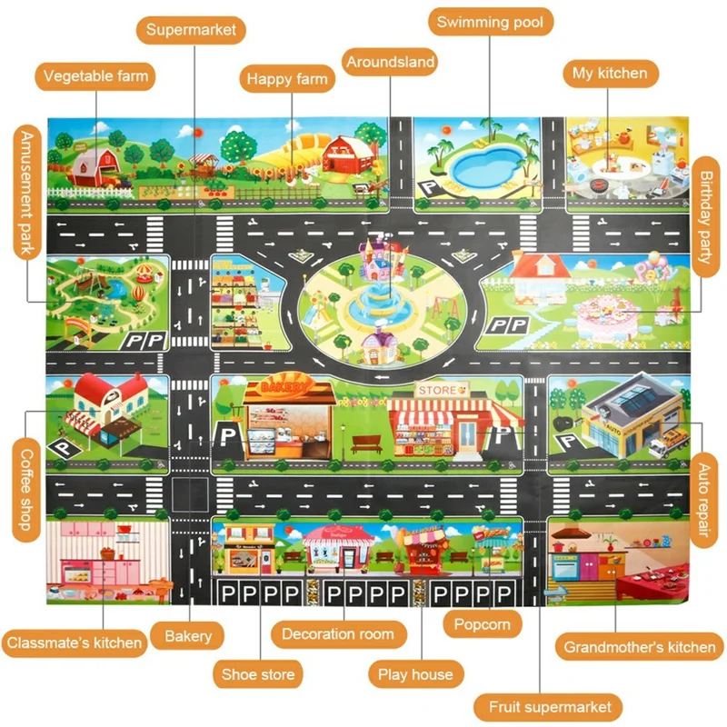 LH001 130 x 100cm Baby Play Mat Waterproof Road Map Educational Rug Toddler Crawling Carpet