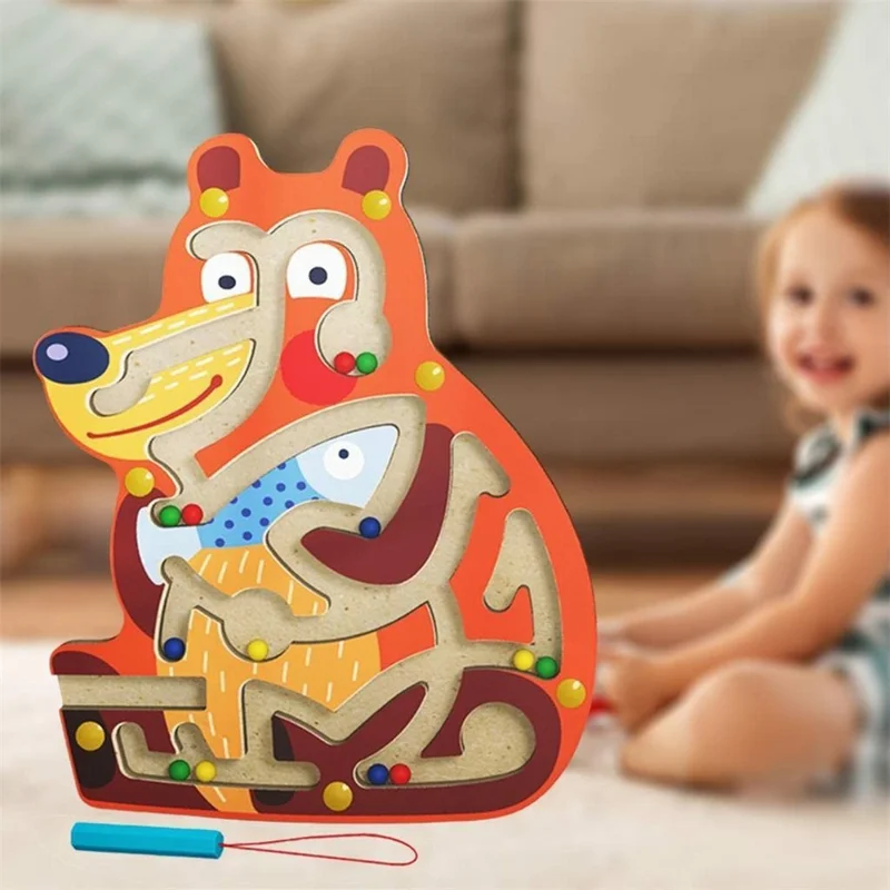 Cartoon Bear Design Wooden Magnetic Maze Board Game Educational Toy for Kids