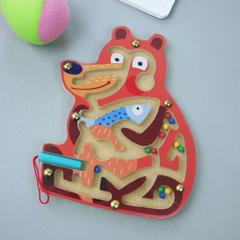 Cartoon Bear Design Wooden Magnetic Maze Board Game Educational Toy for Kids