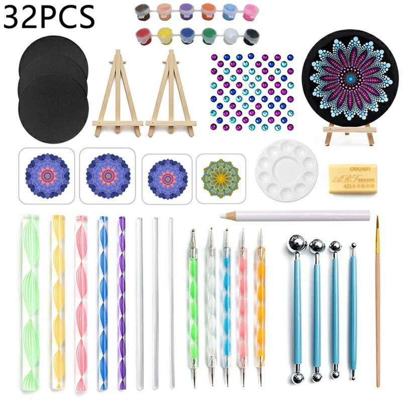 Kit per Pittura Mandala con 32 Pezzi, Strumenti per Puntinatura Fai da Te con Vassoi per Pittura e Stencil Mandala