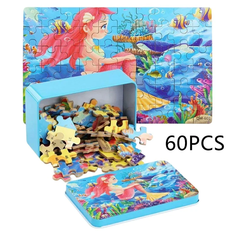 60Pcs / Set Mermaid Theme Wooden Jigsaw Puzzle for Kids Early Learning Educational Toy