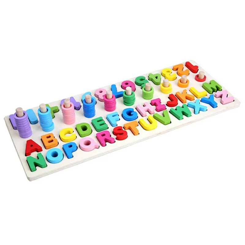 3 in 1 Wooden Alphabet Number Matching Puzzle Board with Rainbow Counting Rings Early Learning Toy - Multi-color