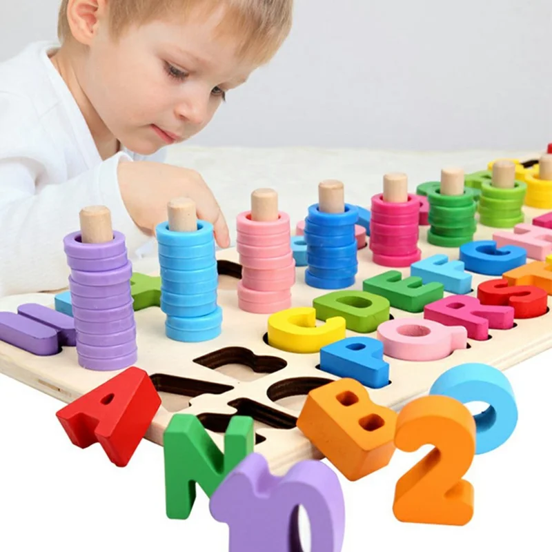 3 in 1 Wooden Alphabet Number Matching Puzzle Board with Rainbow Counting Rings Early Learning Toy - Multi-color