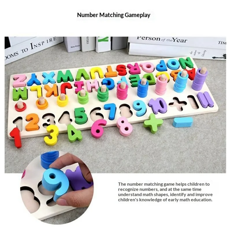 3 in 1 Wooden Alphabet Number Matching Puzzle Board with Rainbow Counting Rings Early Learning Toy - Multi-color