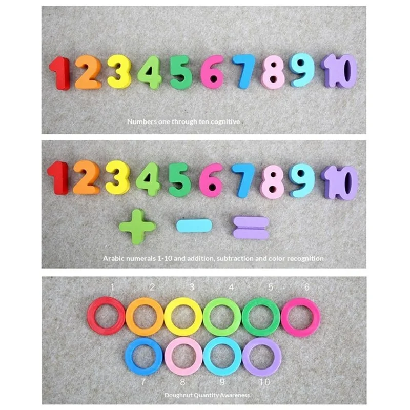 3 in 1 Wooden Alphabet Number Matching Puzzle Board with Rainbow Counting Rings Early Learning Toy - Multi-color