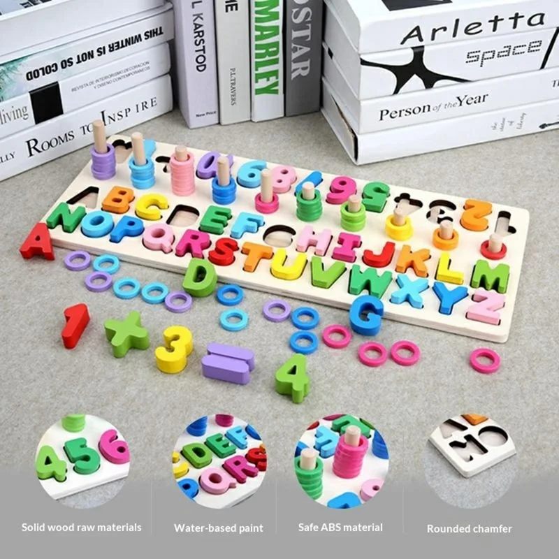 3 in 1 Wooden Alphabet Number Matching Puzzle Board with Rainbow Counting Rings Early Learning Toy - Multi-color