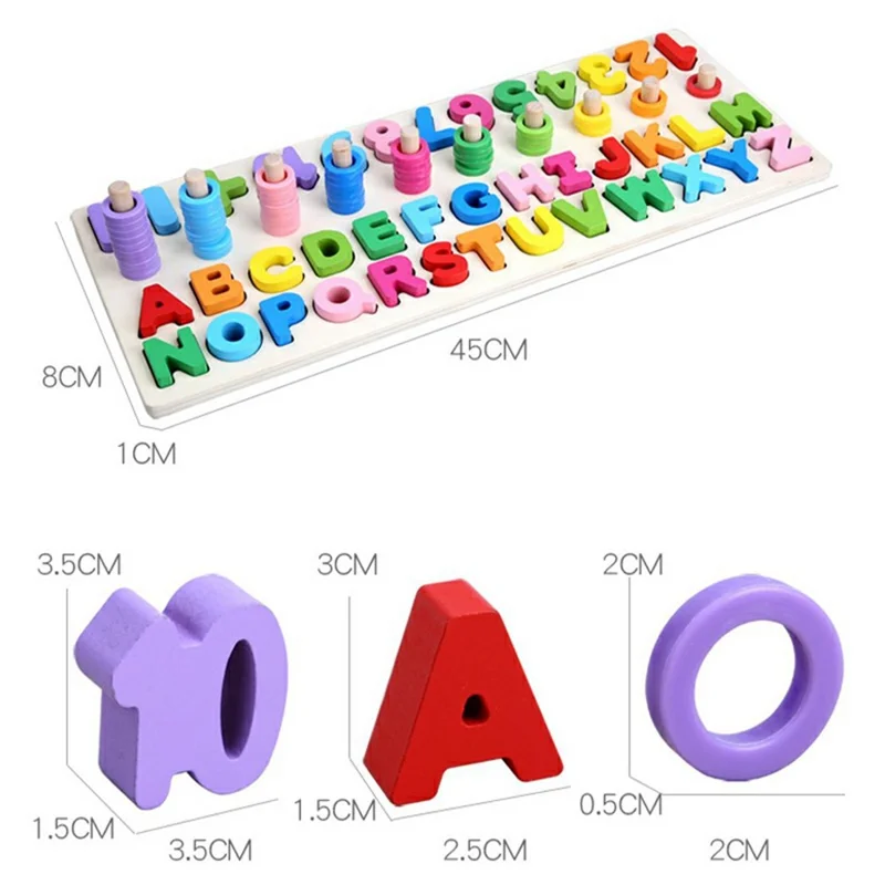 3 in 1 Wooden Alphabet Number Matching Puzzle Board with Rainbow Counting Rings Early Learning Toy - Multi-color