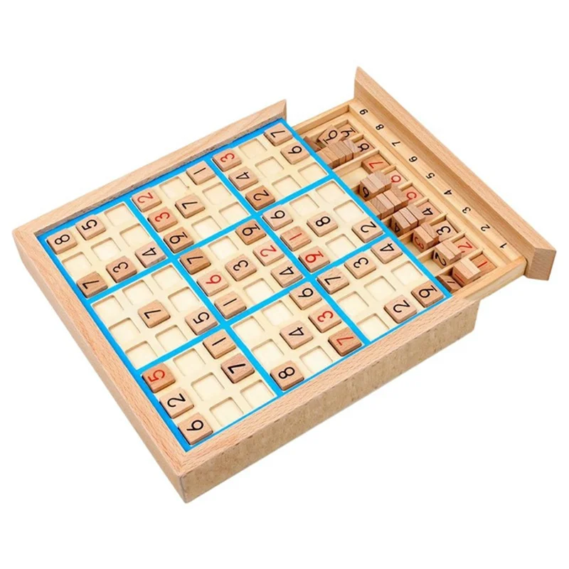 Nine Square Grid Wooden Sudoku Game Kids Digits Inference Logic Games Desktop Puzzle Toy with Storage Drawer - Blue
