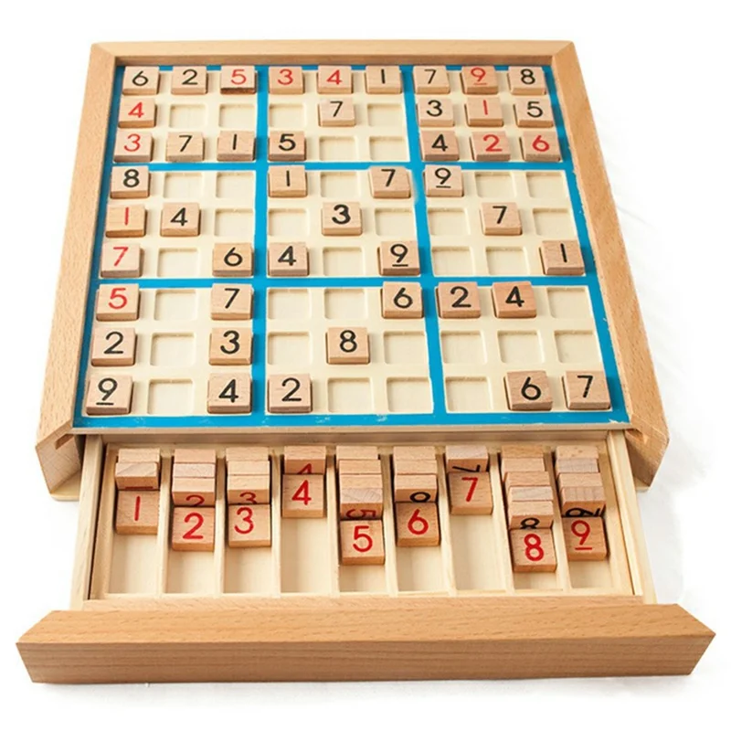 Nine Square Grid Wooden Sudoku Game Kids Digits Inference Logic Games Desktop Puzzle Toy with Storage Drawer - Blue