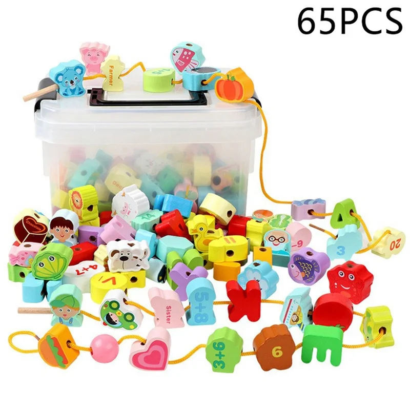 Juguete de ensartar de madera BWQ-027, 65 piezas, juguete educativo de animales, frutas, verduras, aprendizaje por hilado, multicolor