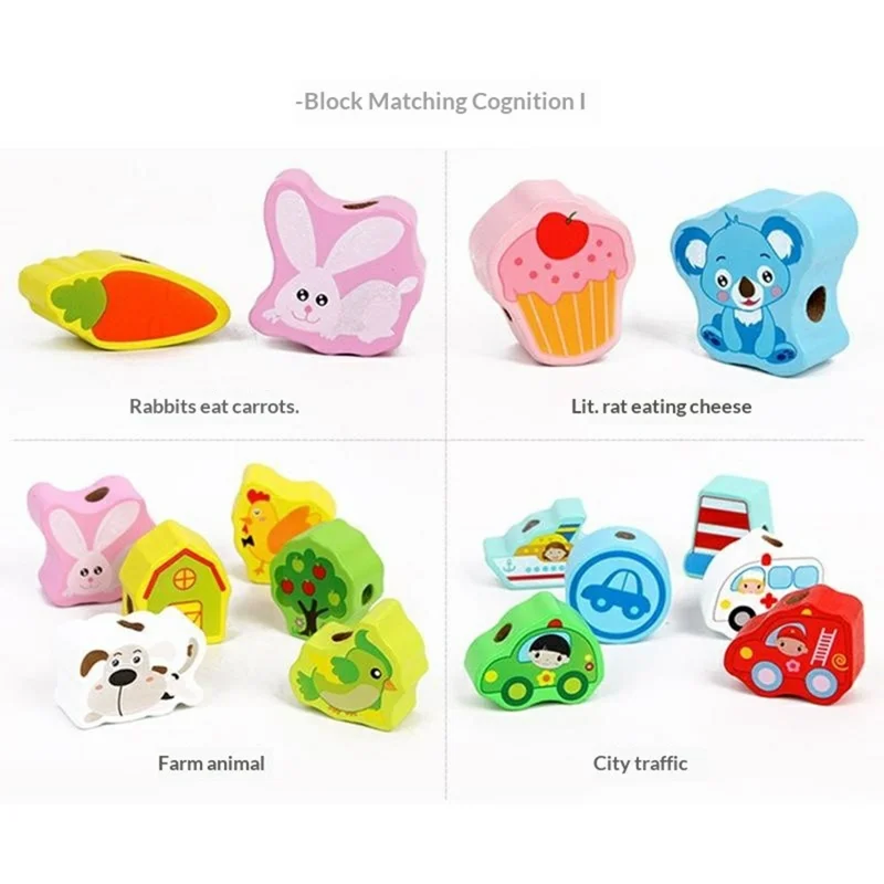 Juguete de ensartar de madera BWQ-027, 65 piezas, juguete educativo de animales, frutas, verduras, aprendizaje por hilado, multicolor