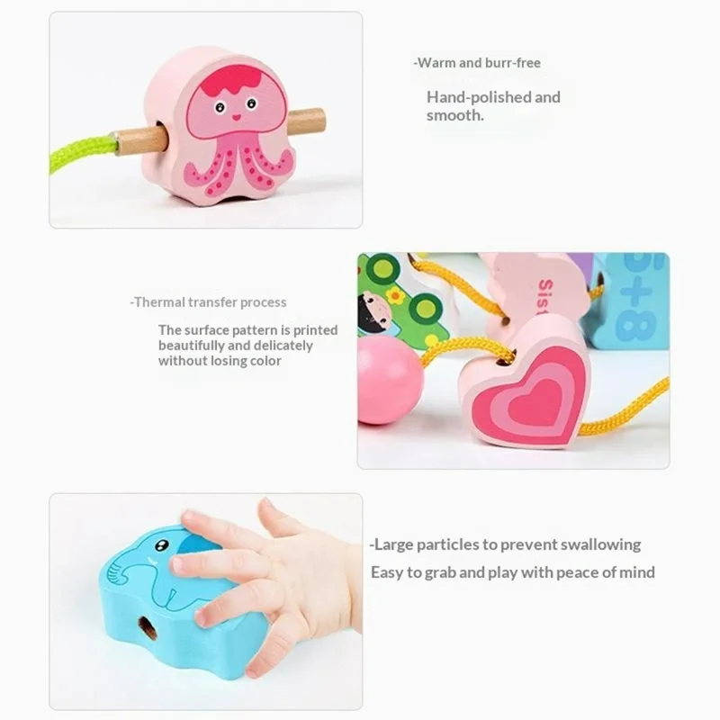 Juguete de ensartar de madera BWQ-027, 65 piezas, juguete educativo de animales, frutas, verduras, aprendizaje por hilado, multicolor