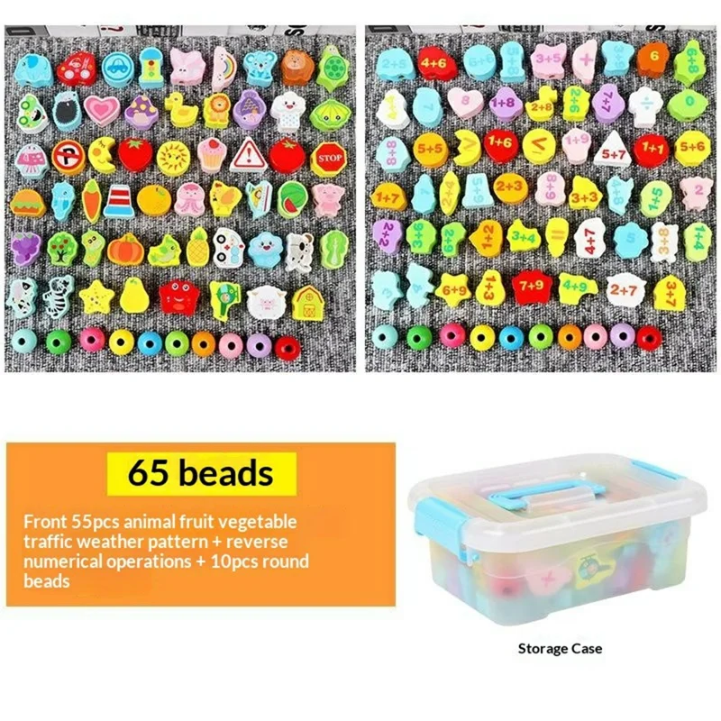 Juguete de ensartar de madera BWQ-027, 65 piezas, juguete educativo de animales, frutas, verduras, aprendizaje por hilado, multicolor