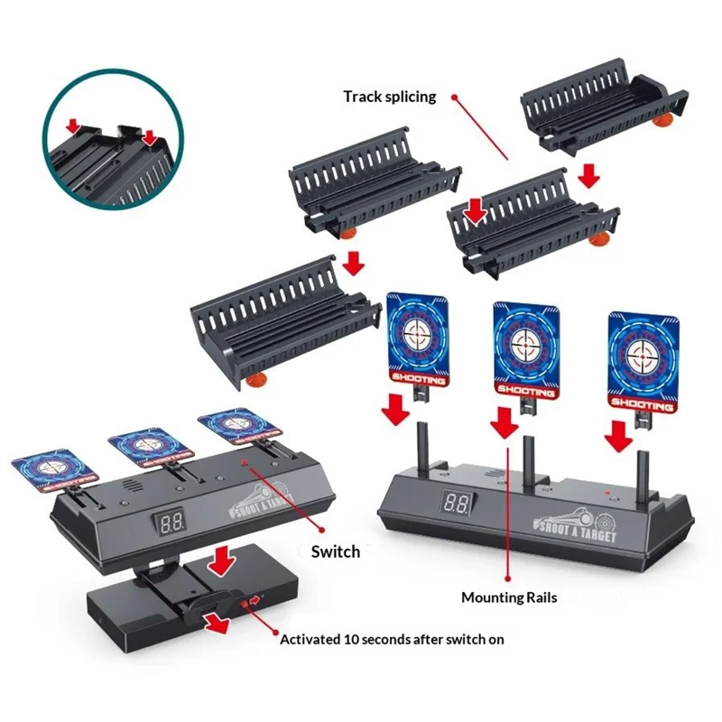 MH3541A Alvo Eletrónico com Sistema de Pontuação e Retorno Automático, Alvo Móvel, Brinquedo de Tiro para Crianças com 3 Alvos + Sistema de Pista - Preto