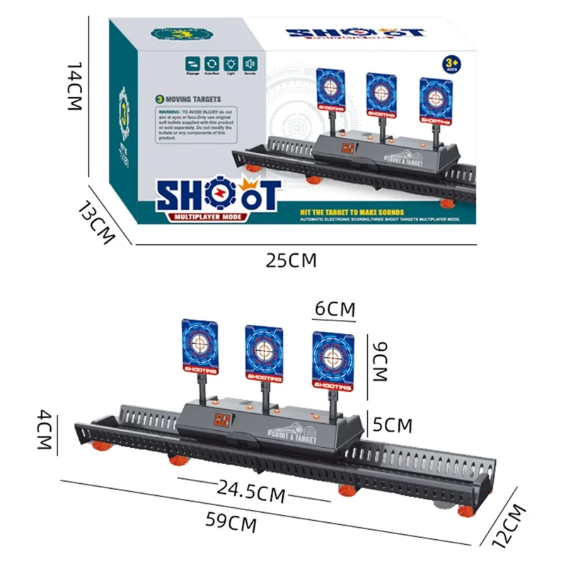 MH3541A Alvo Eletrónico com Sistema de Pontuação e Retorno Automático, Alvo Móvel, Brinquedo de Tiro para Crianças com 3 Alvos + Sistema de Pista - Preto