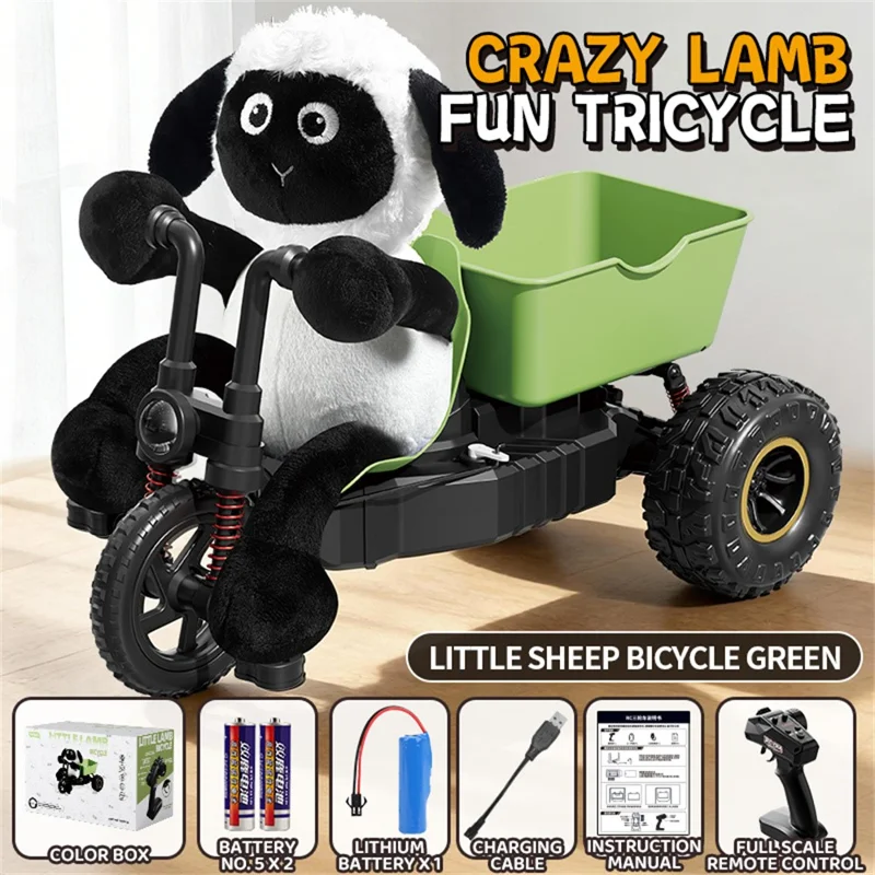 XN-2880 2.4G Tricycle Télécommandée Design de Mouton Cartoon Voiture en Peluche avec Phares LED - Vert