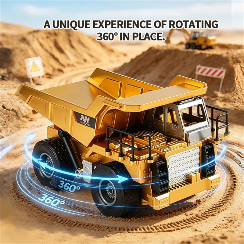 Camion benne télécommandé à l'échelle 1:20, véhicule de génie civil RC à 9 canaux avec rotation à 360 degrés pour enfants - Jaune